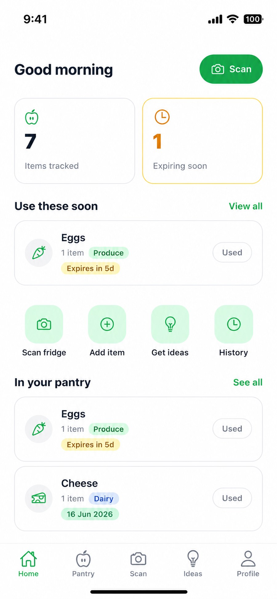 Fenna's home screen showing items tracked and food to use soon