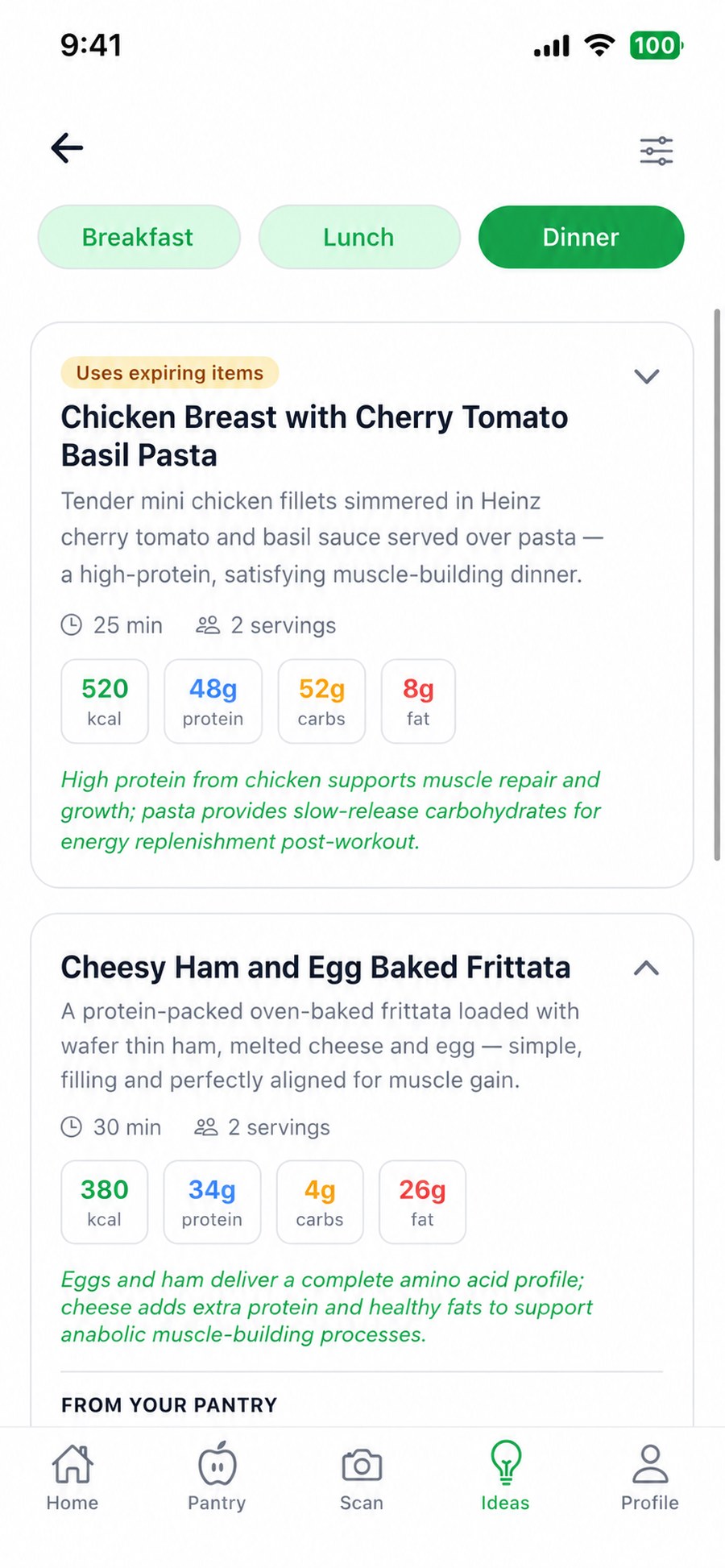 Fenna's ideas screen with meal suggestions