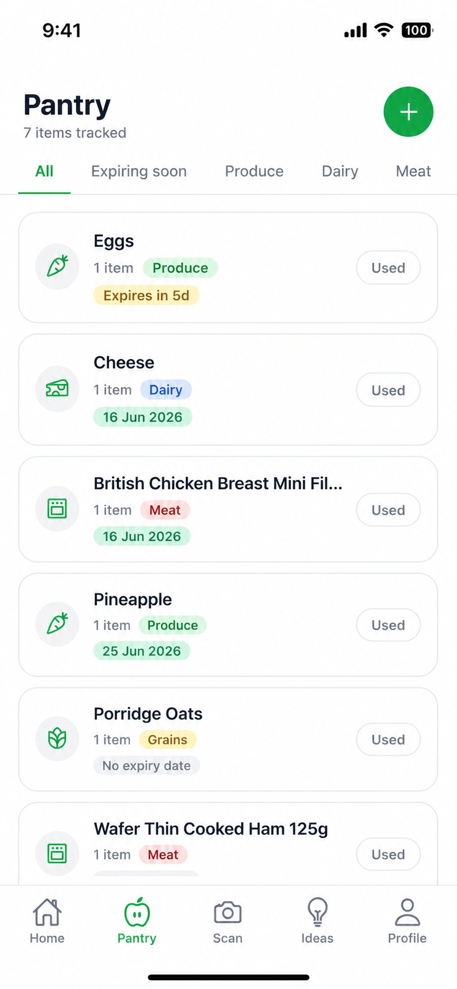 Fenna's pantry screen listing the items you are tracking